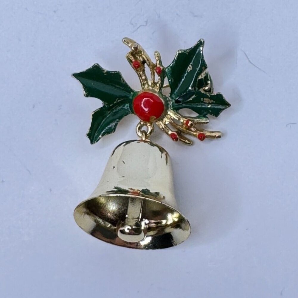 Christmas Bell Pin Brooch Vintage Winter Holiday Jewelry Holly Green Red 2 inch - Picture 5 of 5
